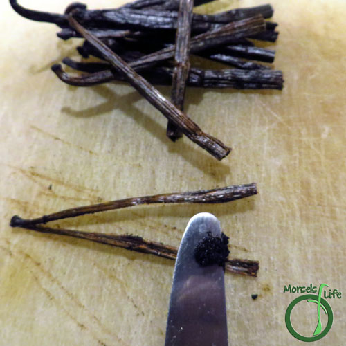 Morsels of Life - Alcohol Free Vanilla Extract Step 2 - Cut the beans in half lengthwise and scrape out the seeds. You may also want to cut the vanilla beans into shorter segments so they fit into the container more easily.